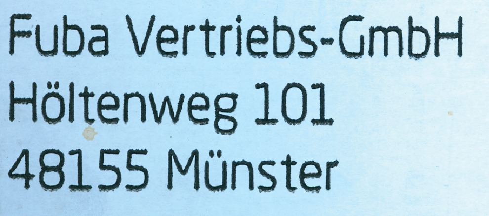 Fuba Vertriebs-GmbH HÃ¶ltenweg 101 48155 mÃ¼nster Font sample to identify the typeface on WhatFontIs